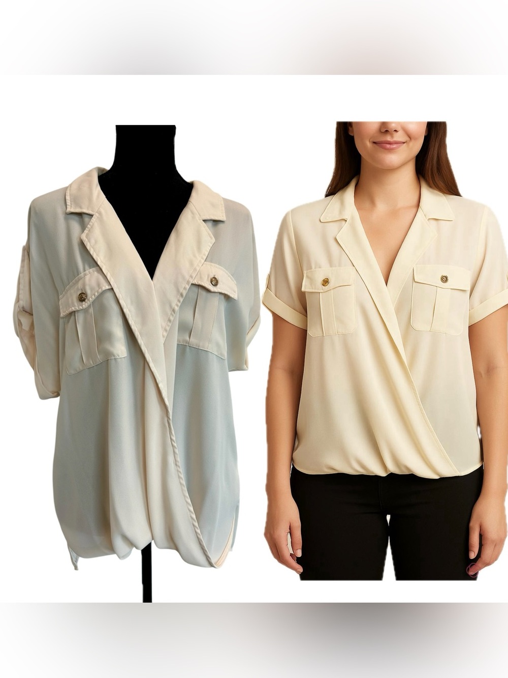 Dynamite light Cream chiffon draped wrap V-neck Button-Pocket Blouse roll tab L